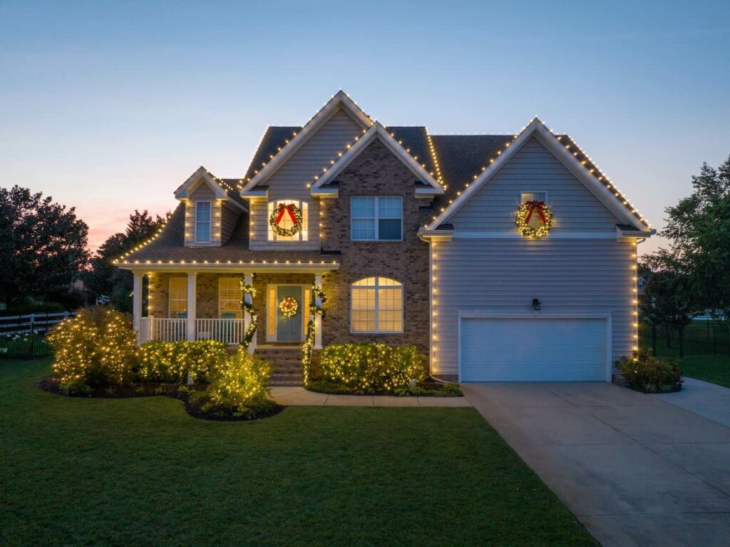 home decorated with professional christmas light installation